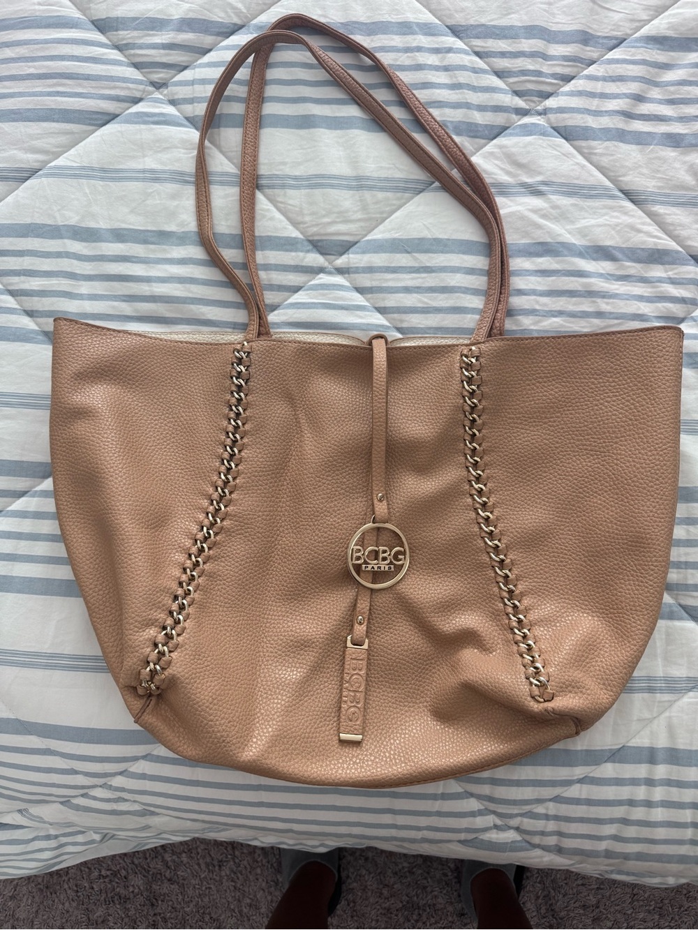 BCBGMaxAzria Blush Taupe Chain-Trim Tote
